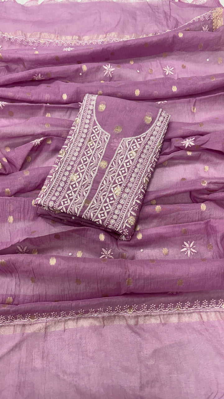 Pure Mul Chanderi Chakiankari Work Unstitched Suit with Pearl and Cutdana work .