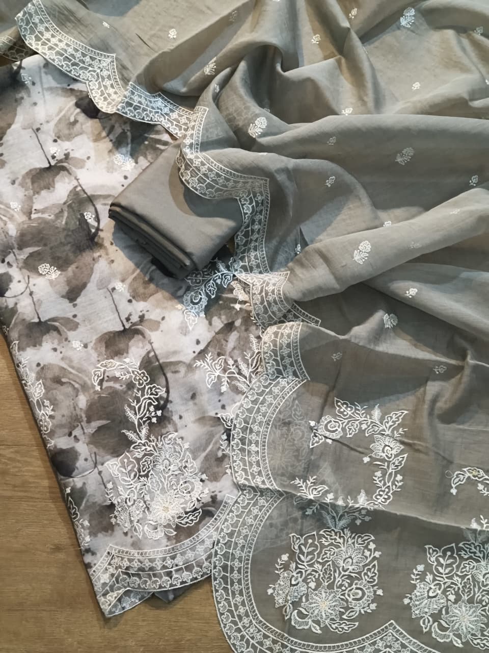 Pure Mulmul Silk Embroidery Print Unstitched Suit  with Mulmul Silk Dupatta