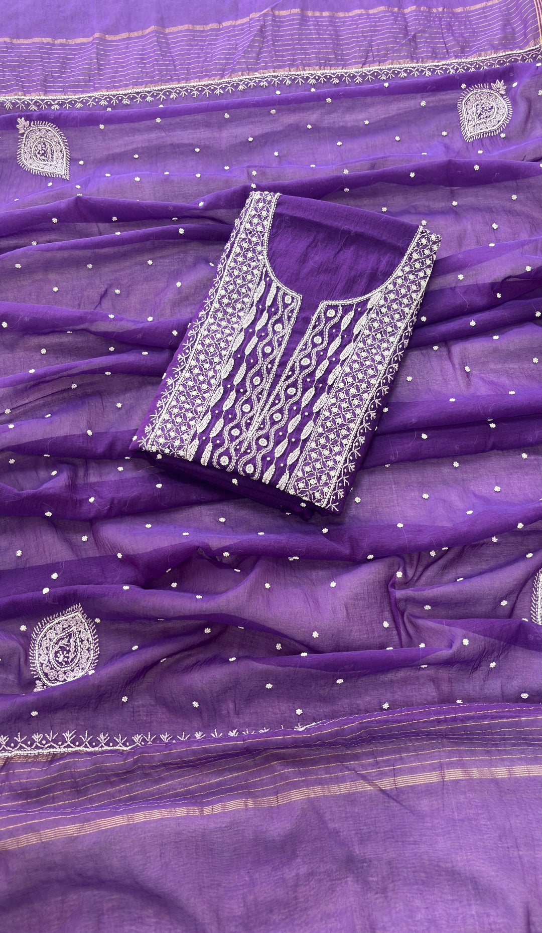 Pure Mul- Mul Chakiankari Work Unstitched Suit with Pearl and Cutdana work