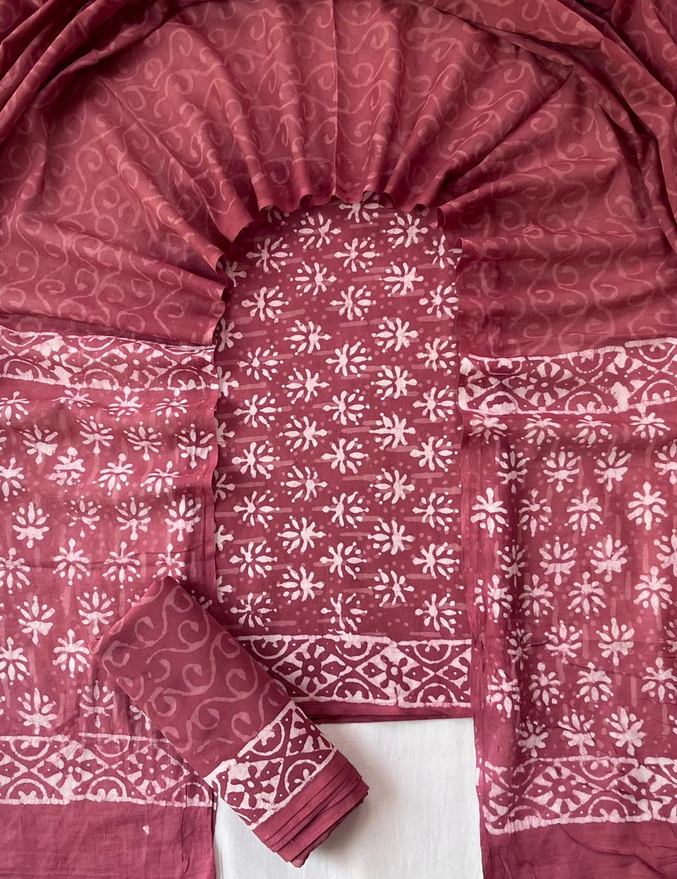 Pure Cotton Hand Block Print Unstitched Suit With Cotton Dupatta