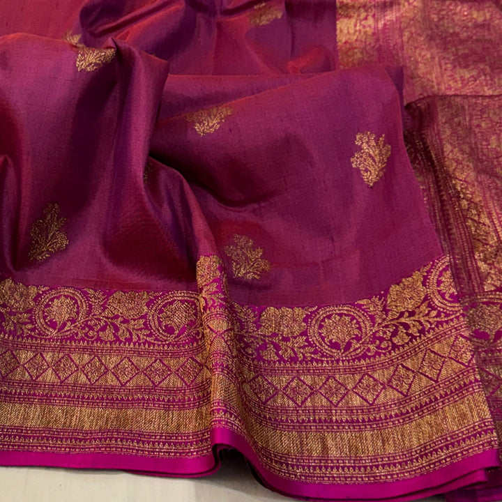Handloom Pure Banarasi Tussar Silk With Kadhwa Buti Work .