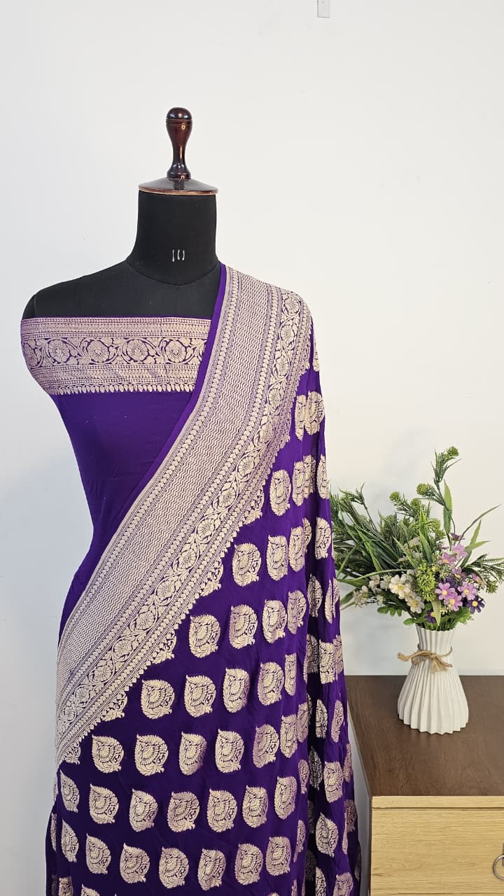 Pure Banarasi Handloom Khaddi Georgette Silk Water Zari Work Saree. | NEW EDITION |