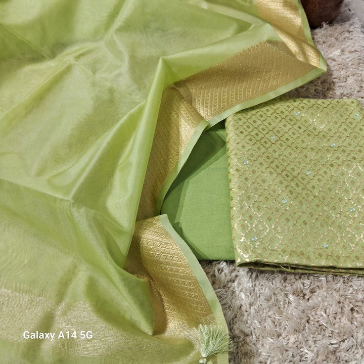 Pure Banarasi chanderi silk zari wark unstiched suit.