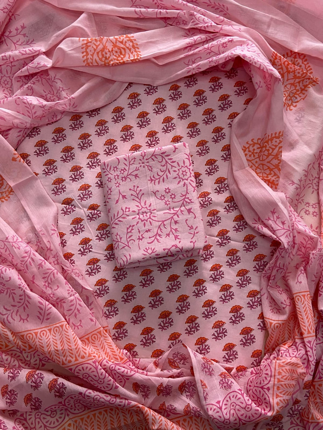 Pure Cotton Hand Block Print Unstitched Suit With Cotton Dupatta