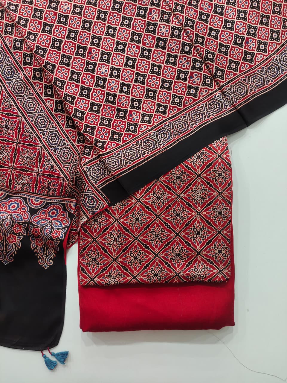 Pure Modal Silk Ajrakh Hand Block  3pc Unstitched Suit