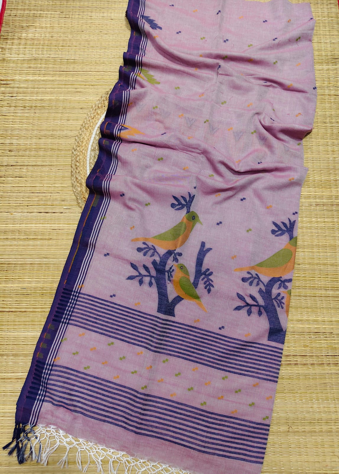 Pure Cotton Handloom Jamdani Bird Motif Saree With Blouse