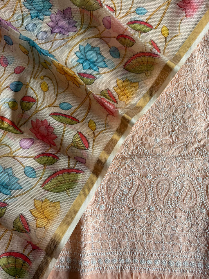 Pure Cotton Chikankari Hand Work Unstitched suit With Kalmkari Kota Doriya Dupatta.(without bottom)