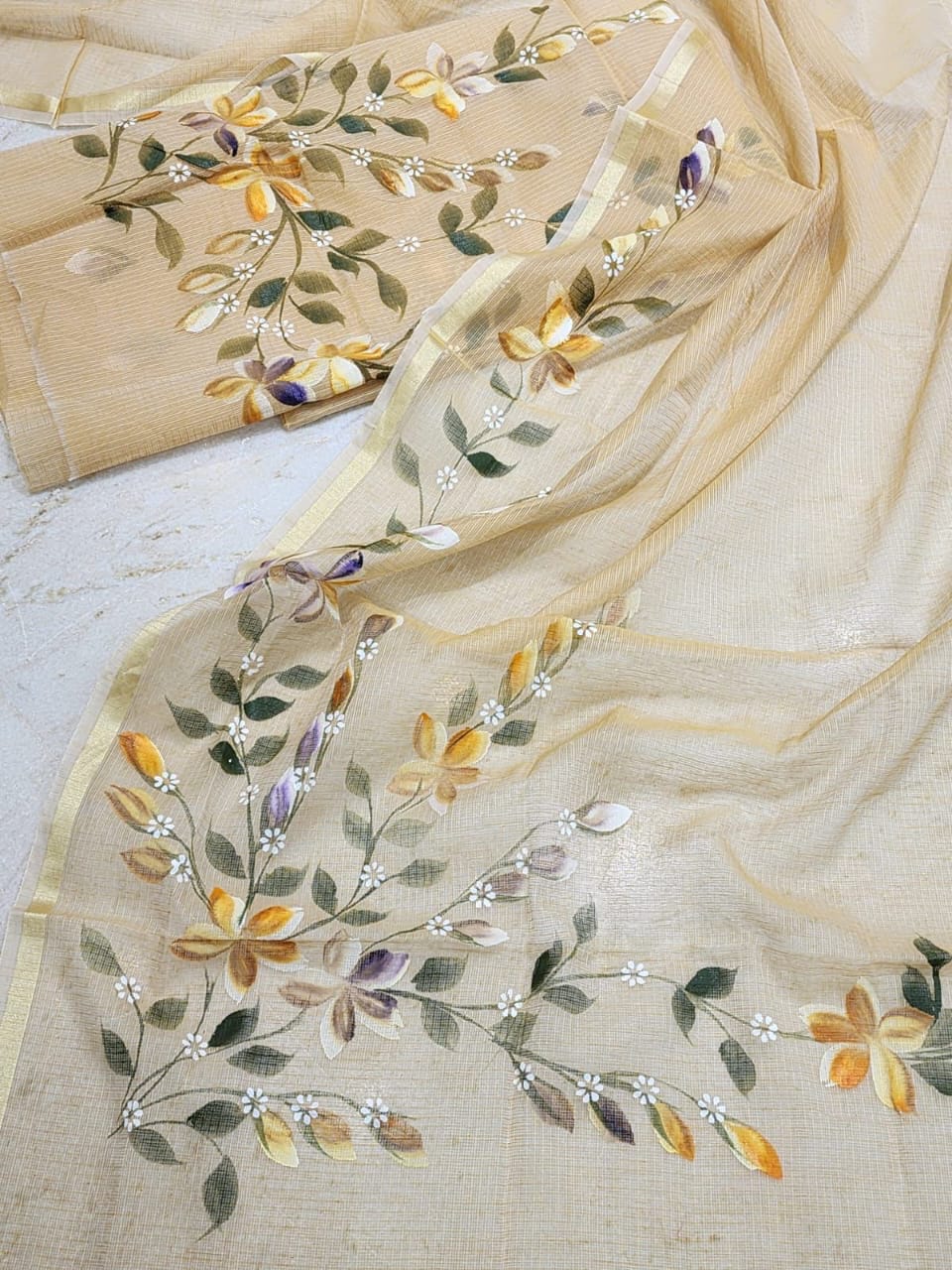 Pure Kota Doria Hand Brush Print Work Unstitched Suit with Dupatta (WithOut Bottom)