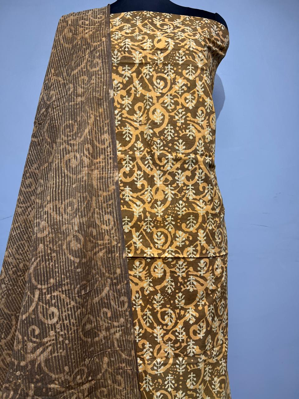 Pure Cotton Hand Block Print Unstitched Suit With Cotton Dupatta