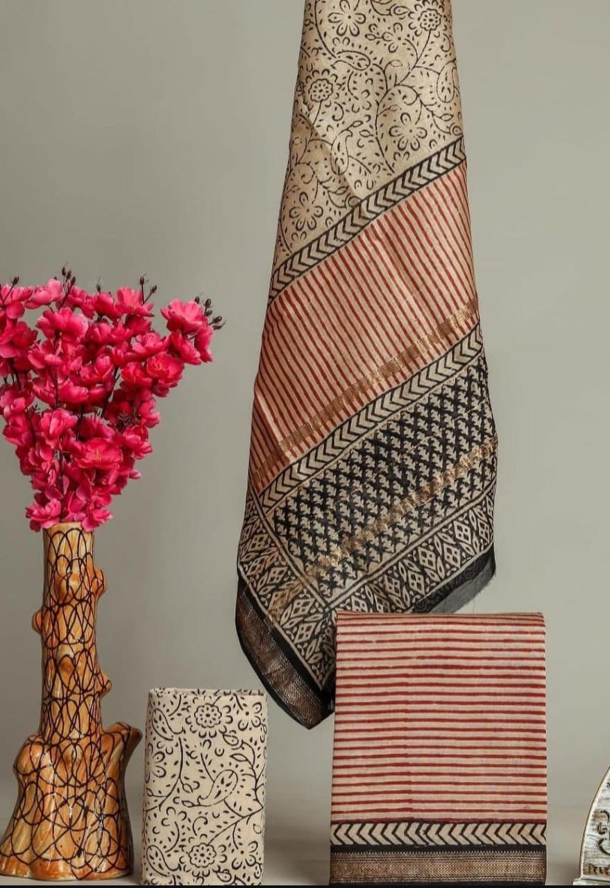 Pure Maheshwari Silk Hand block print Unstitched Suit.