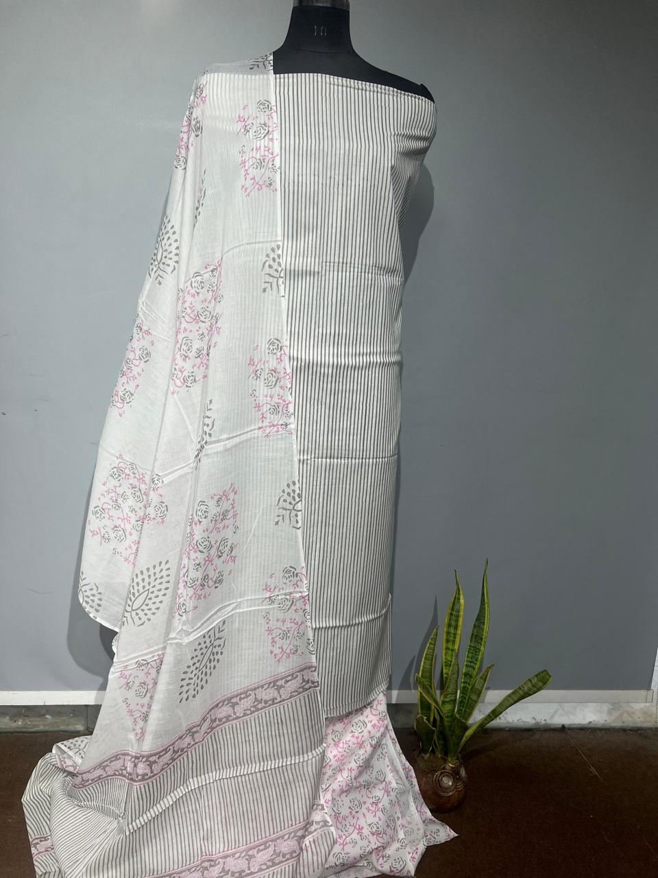 Pure Cotton Hand Block Print Unstitched Suit With Cotton Dupatta