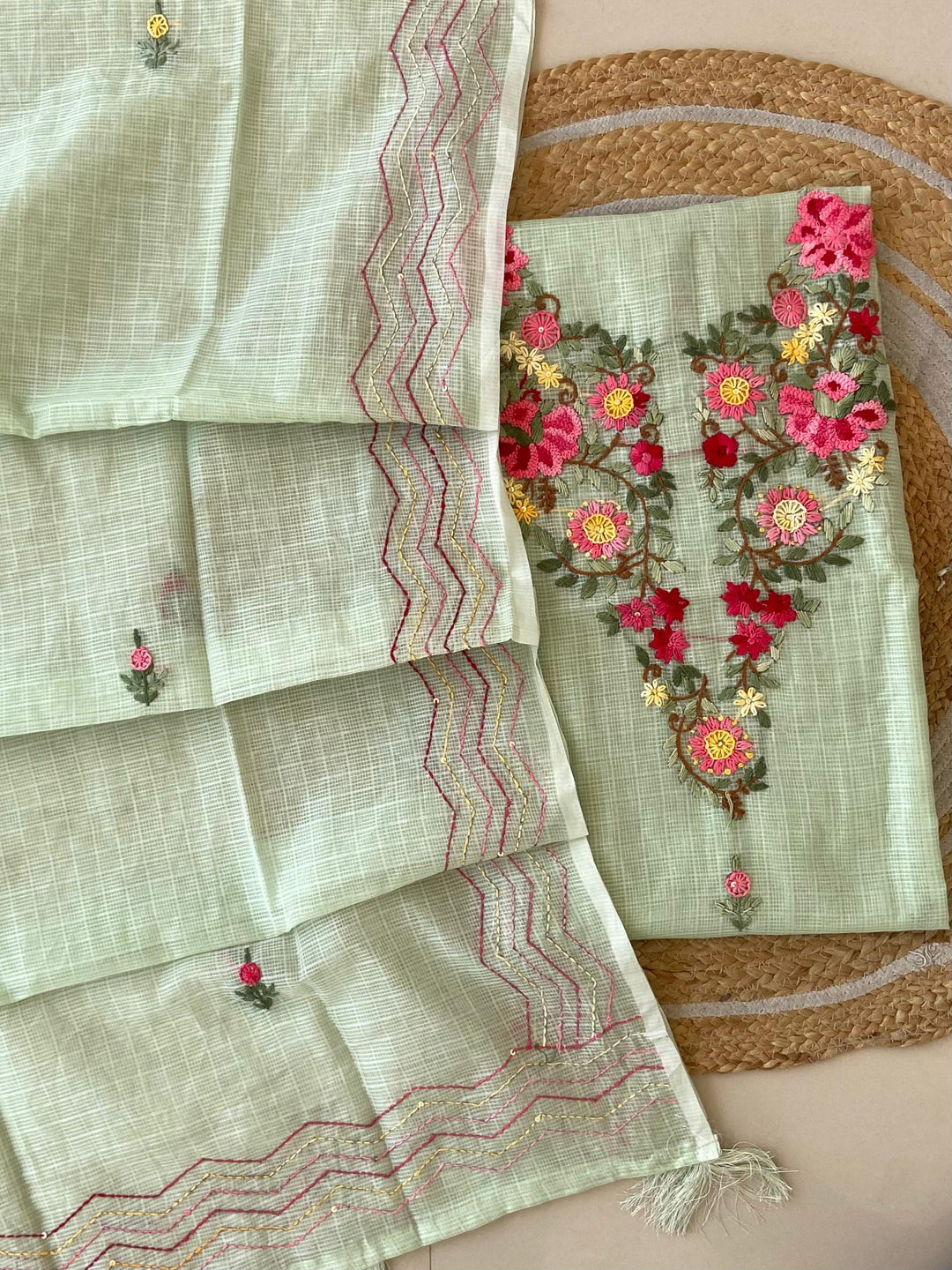 Pure Kota Doriya Silk Kurta And Dupatta With Neck Hand Work Emobroidery Unstitched Suit