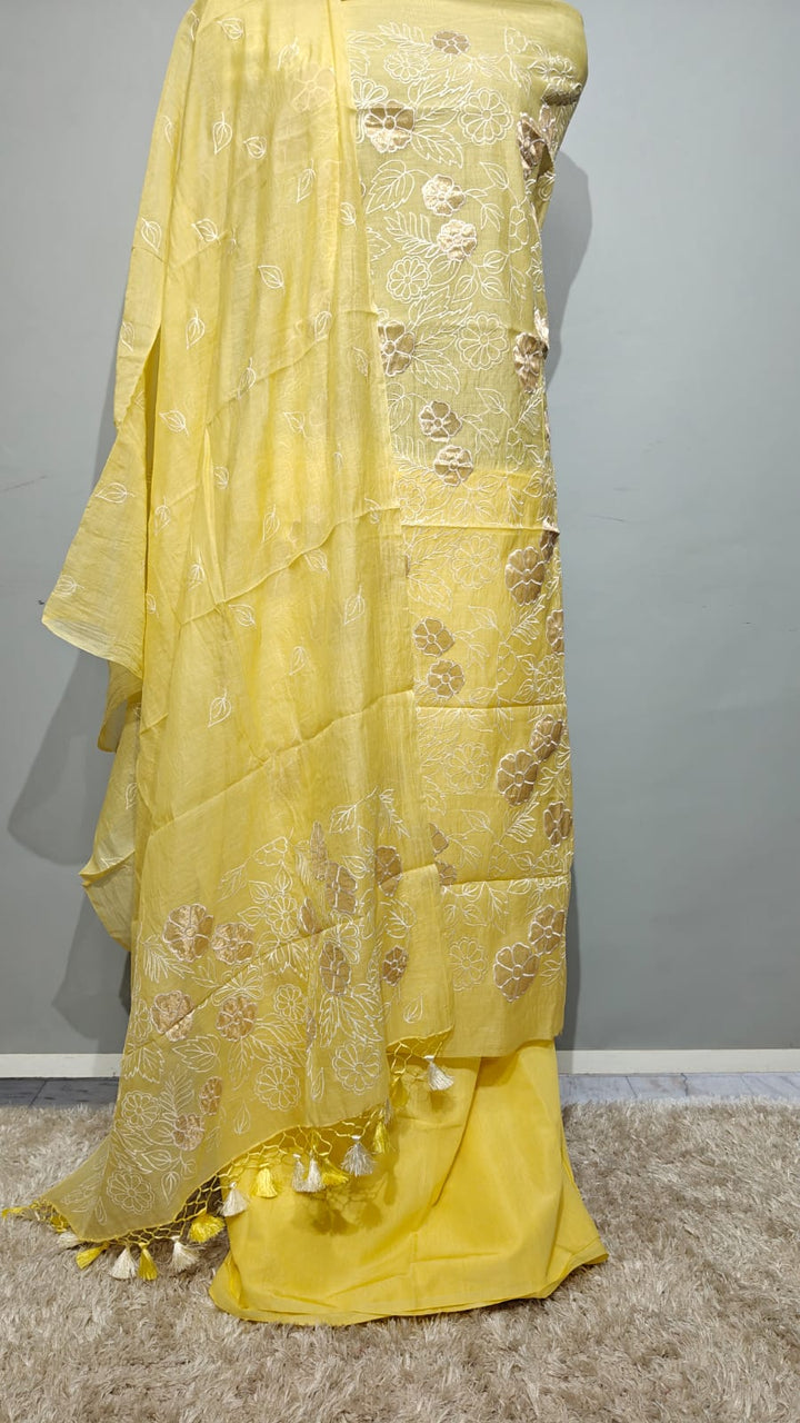 Pure Banarasi Chanderi Silk Unstitched SUit with Applique Work