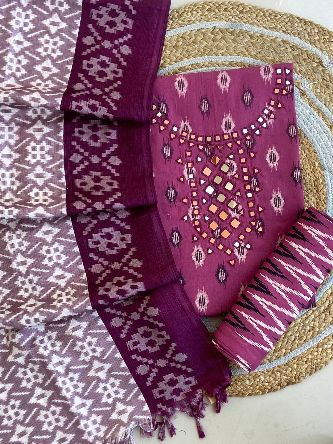 Pure Cotton Azrakh Print Unstitched Suit With Dola Silk Printed Dupatta