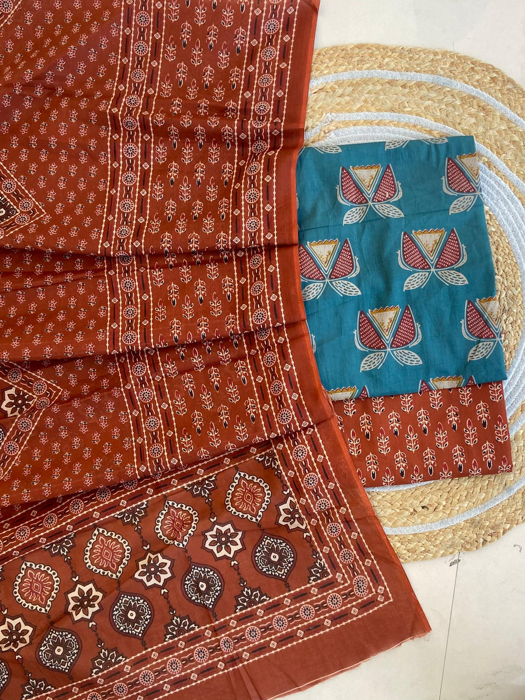 Pure Cotton Azrakh Print Unstitched Suit With  mul cotton  Duppatta