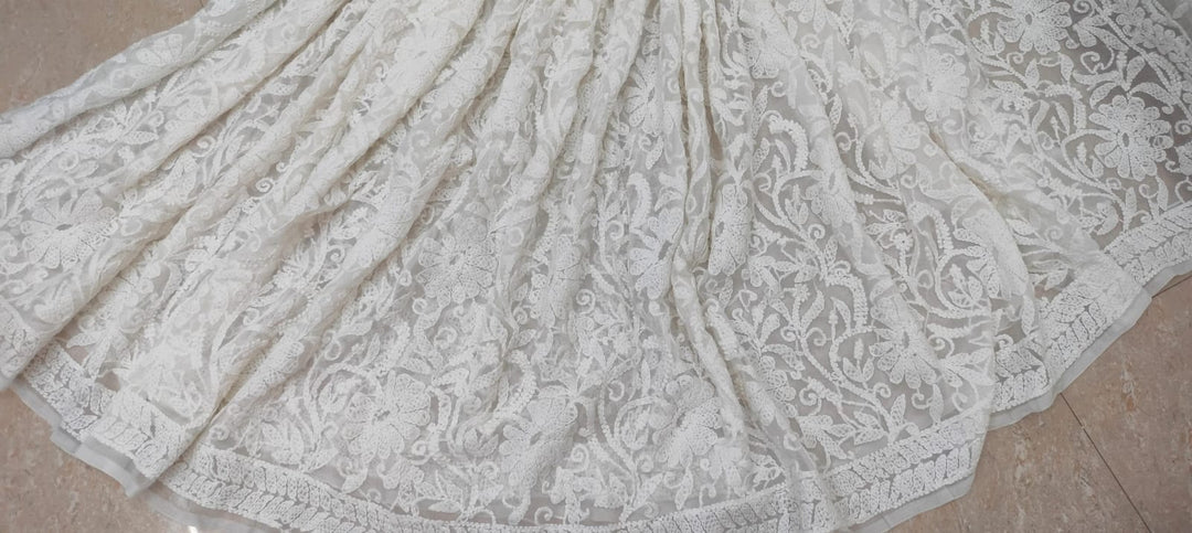 Pure Chiffon Georgette Chikankari Full Jaal Work Hand Embroidery Saree with Blouse