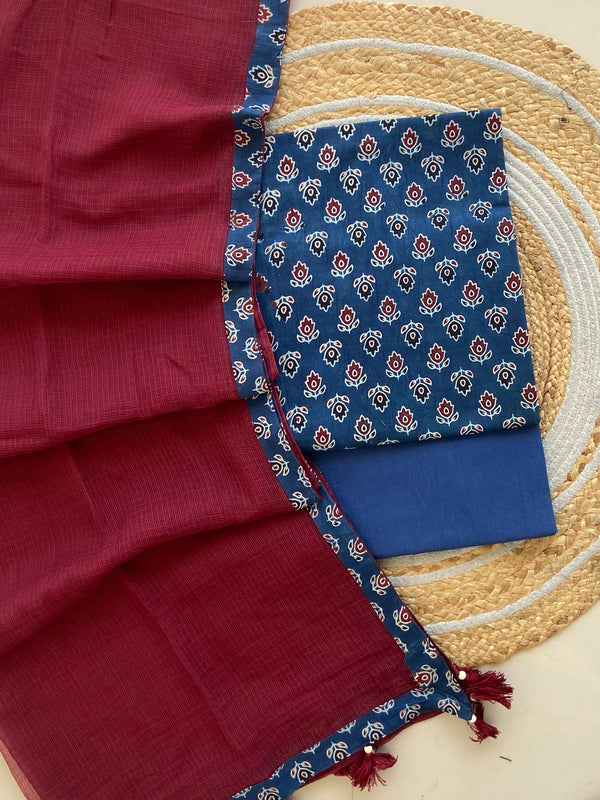 Pure Cotton Azrakh Print Unstitched Suit With  cotton Duppatta