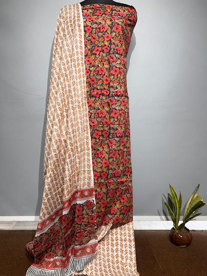 Pure Cotton Hand Block Print Unstitched Suit With Cotton Dupatta