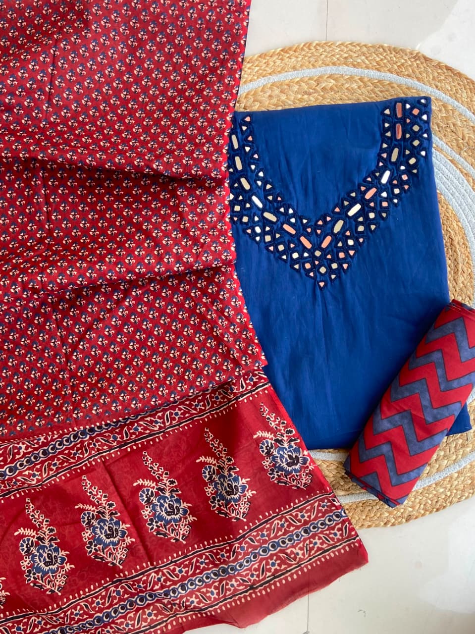 Pure Cotton Azrakh Print Unstitched Suit With heavy mirror work