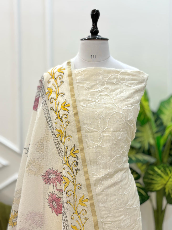 Banarasi Kota Embroidery Unstitched Suit With Kota Hand Block Print Dupatta.
