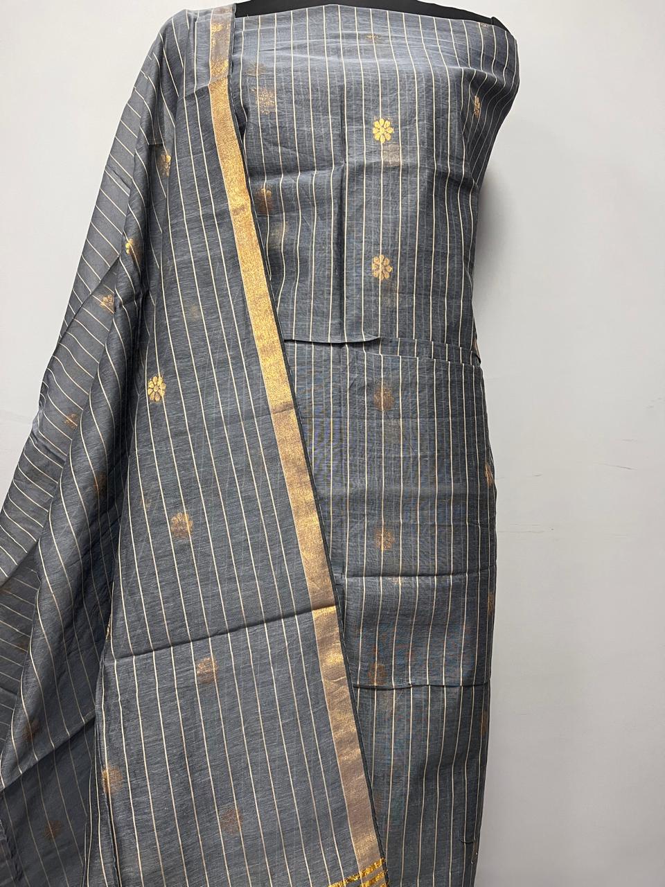 Pure Maheshwari Silk Hand Loom Unstitched Suit.(2pc Set)