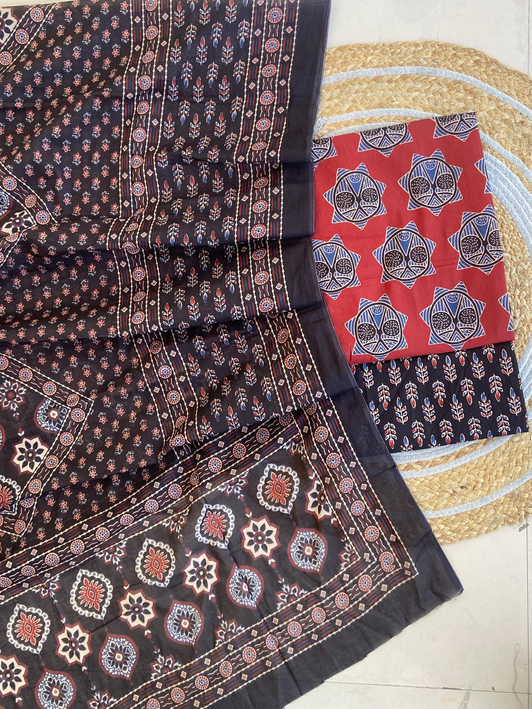 Pure Cotton Azrakh Print Unstitched Suit With  mul cotton  Duppatta