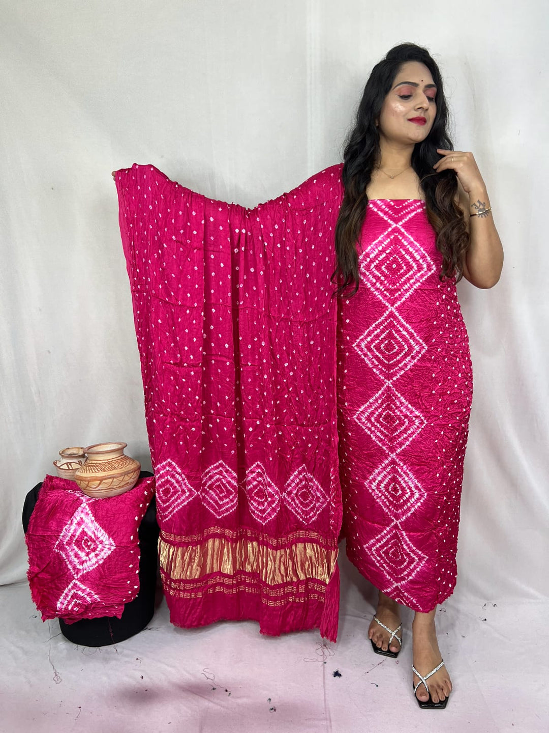 Pure Modal Silk Ajrakh Hend Block Zari Pallu Weaved 3pc Unstitched Suit .