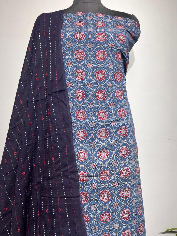 Pure Cotton Azrakh Print Unstitched suit With katha work Dupatta