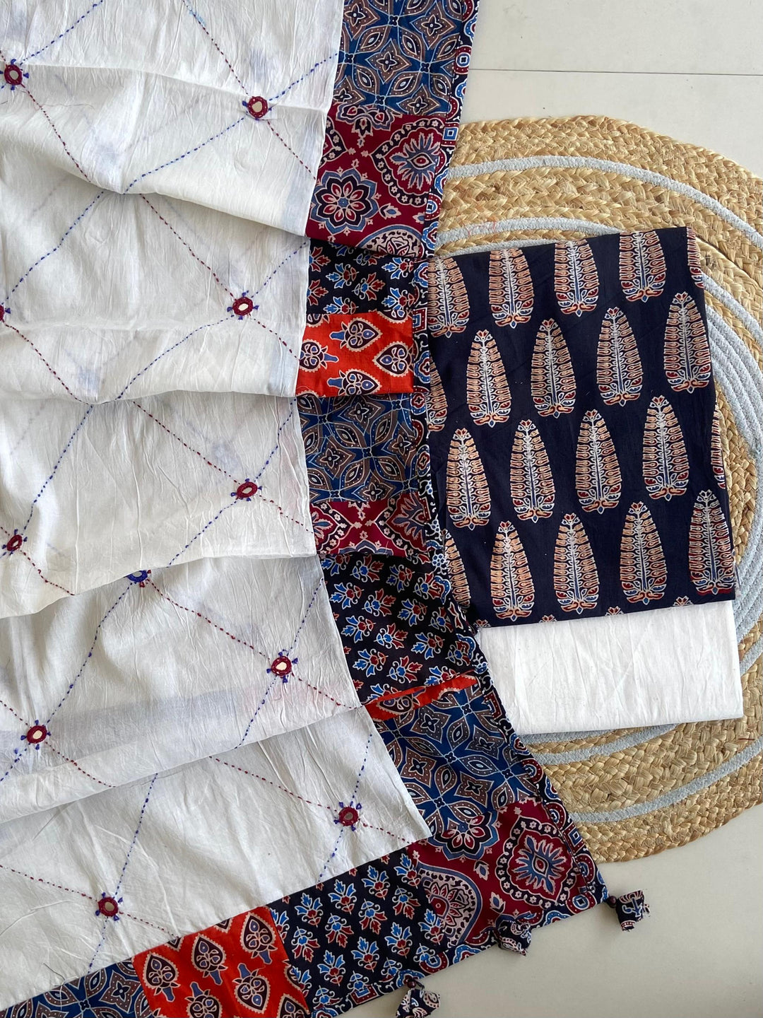 Pure Cotton Azrakh Print Unstitched Suit With Patch Work Dupatta
