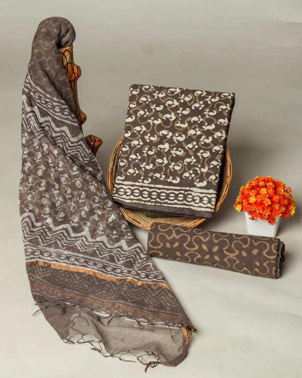 Pure Cotton Hand block print Unstitched Suit with Kota Dupatta .