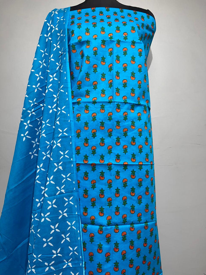 Pure Cotton Hand Block Print Unstitched Suit With Cotton Dupatta