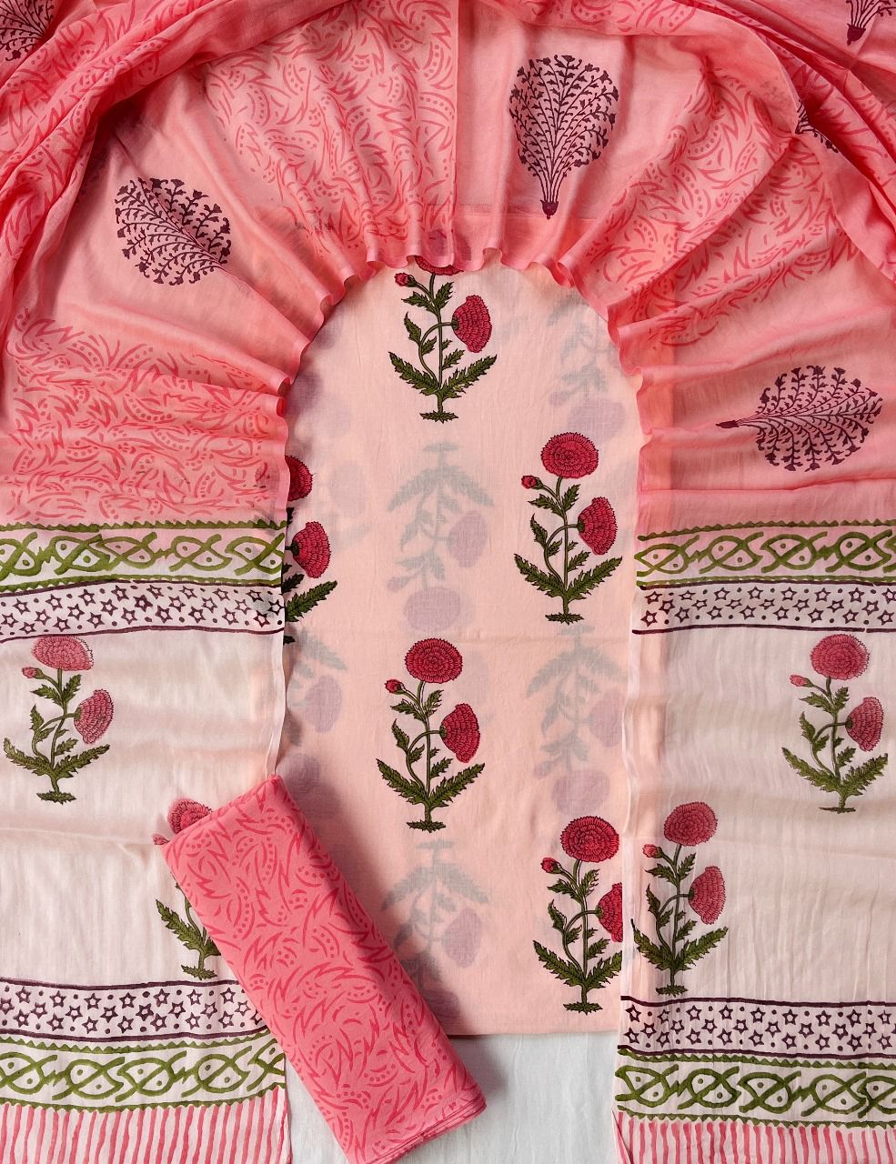 Pure Cotton Hand Block Print Unstitched Suit With Cotton Dupatta