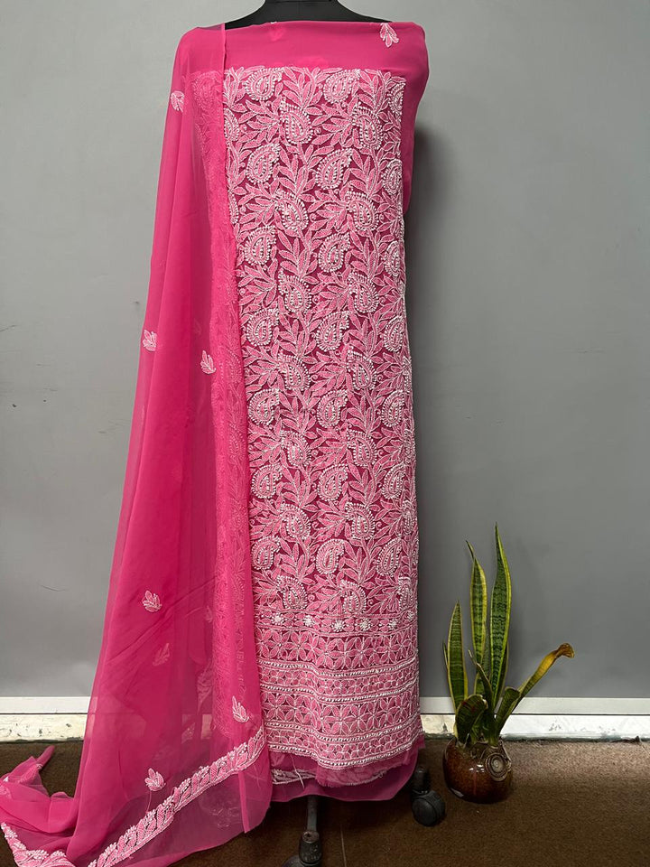 Pure Chiffon Georgette Chikankari Hand Embroidery Unstitched Suit