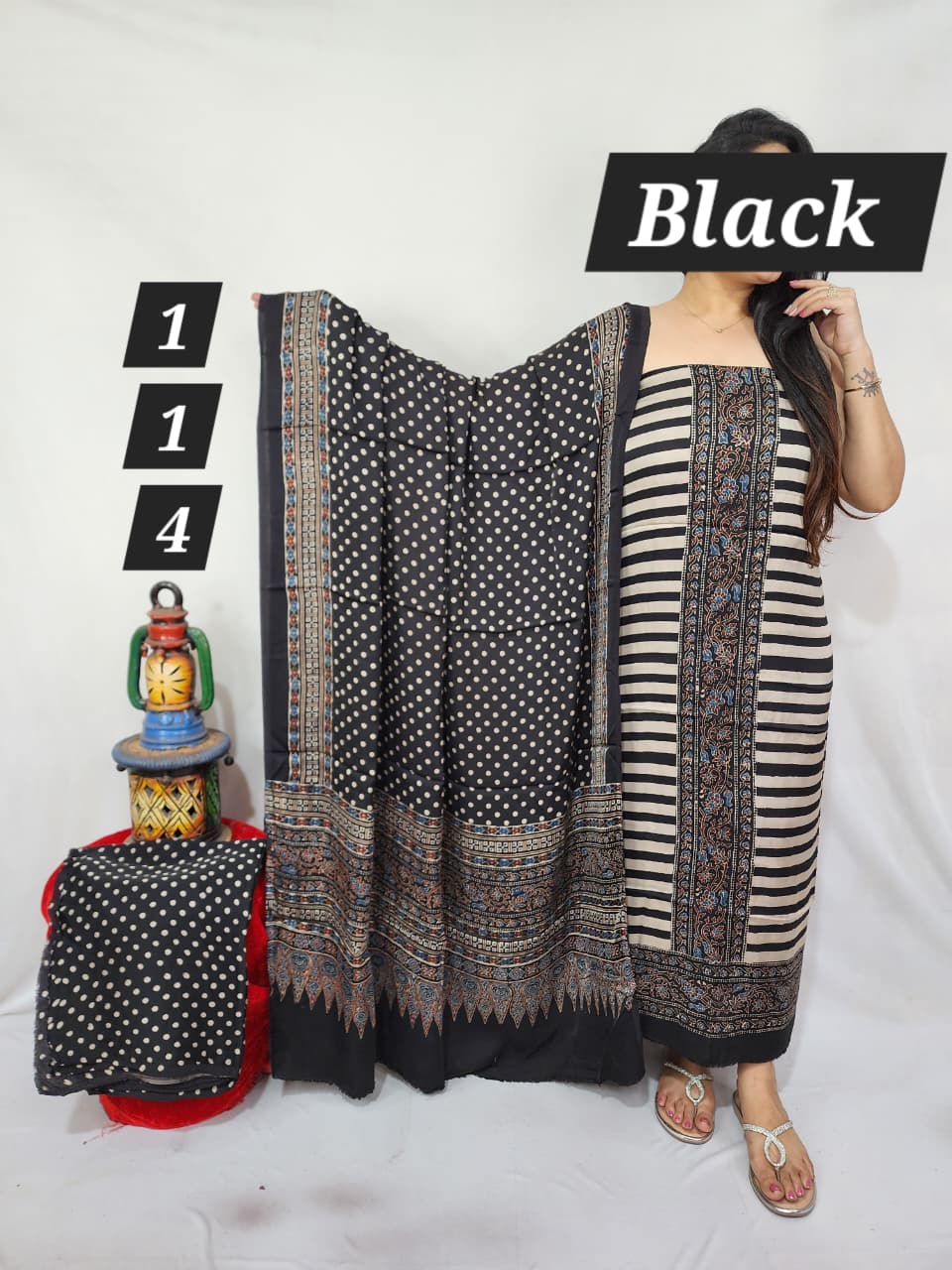 Pure modal silk ajrakh natural 3pc Unstitched  suit