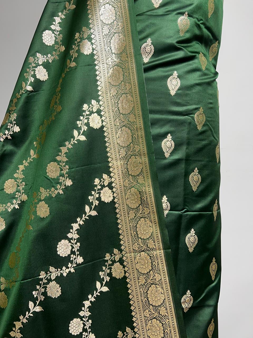 Pure Banarasi Satin Silk Zari Work Unstitched Suit With Jaal Work Dupatta.