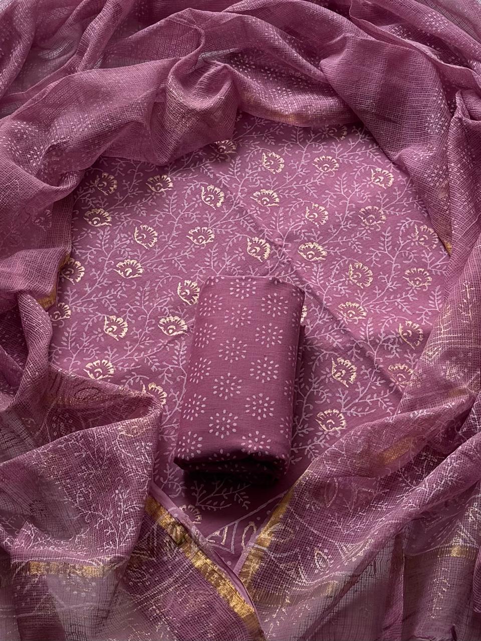Pure Cotton Hand block print Unstitched Suit with Kota Dupatta