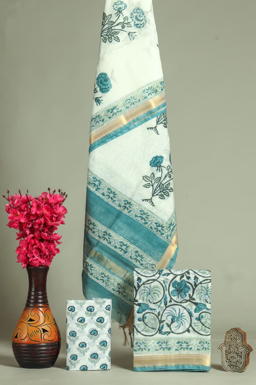 Pure Maheshwari Silk Hand block print Unstitched Suit.
