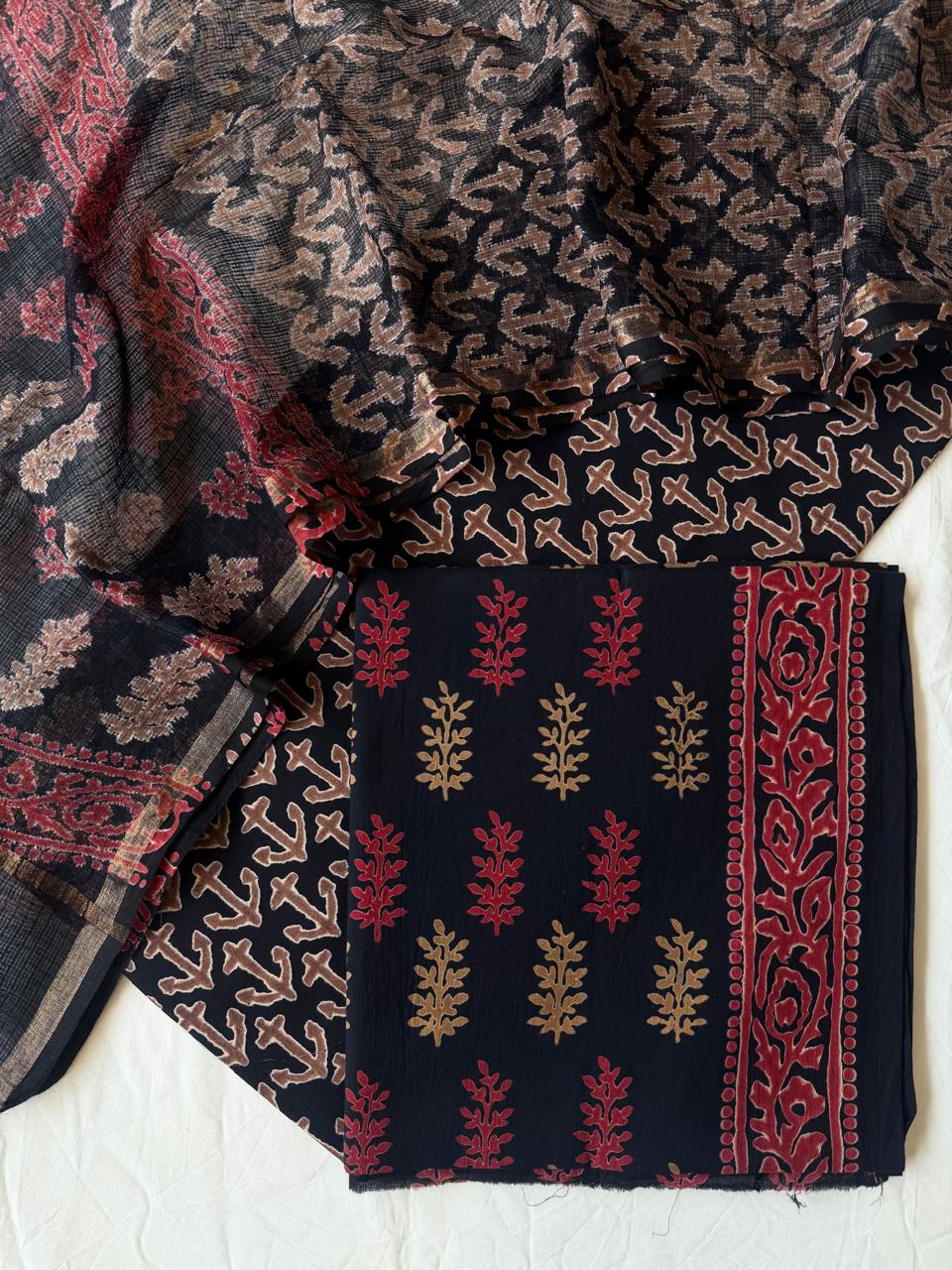 Pure Cotton Hand block print Unstitched Suit with Kota Dupatta