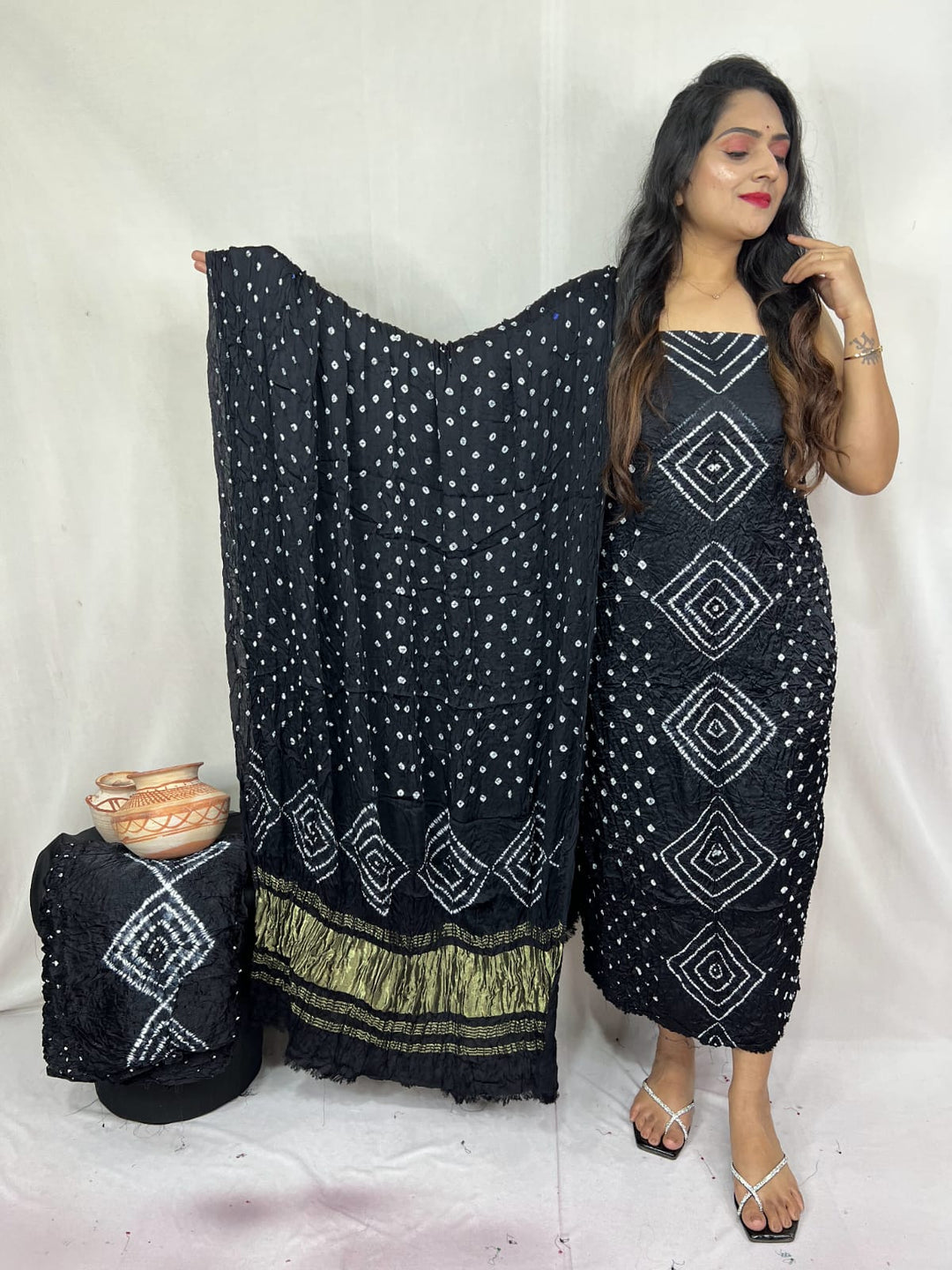 Pure Modal Silk Ajrakh Hend Block Zari Pallu Weaved 3pc Unstitched Suit .
