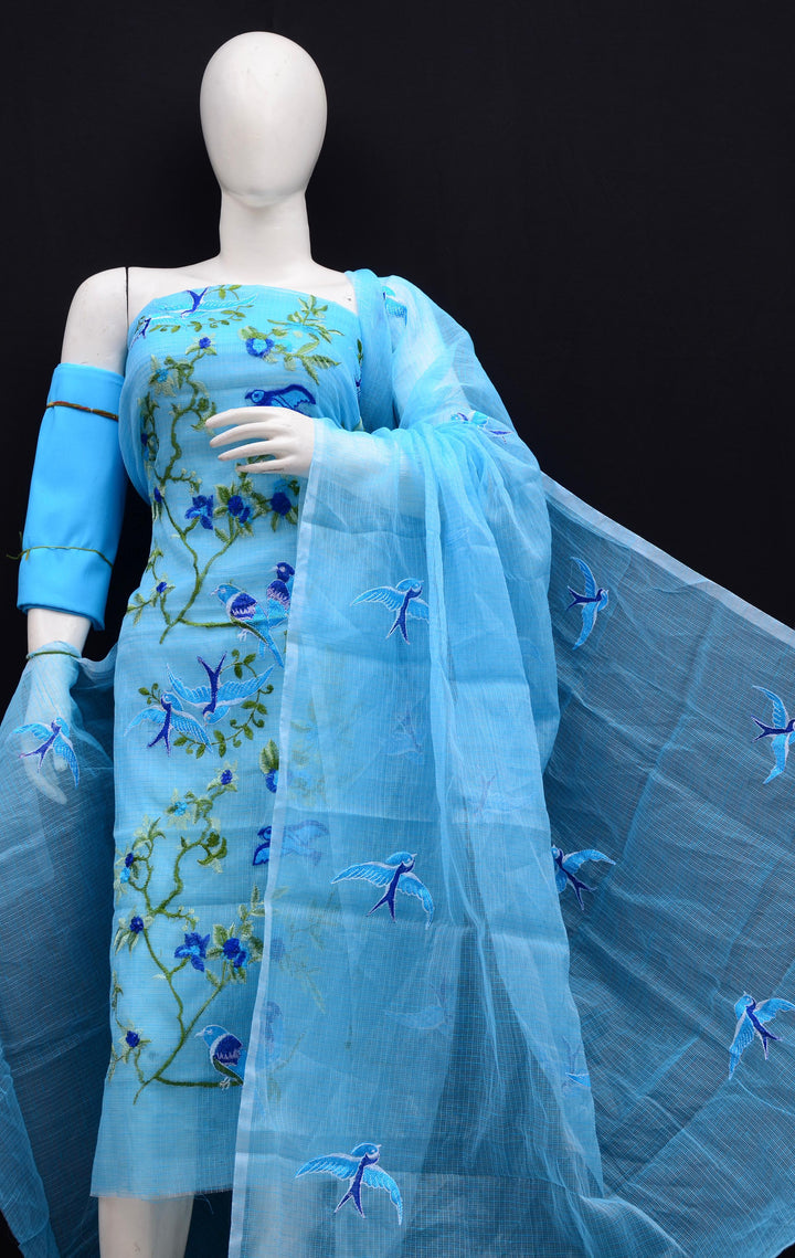 Pure Kota Doriya Embroidered Unstitched Suit With Dupatta .
