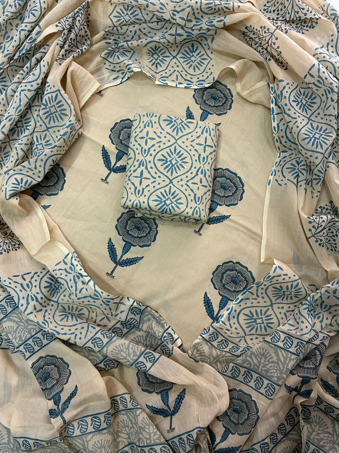Pure Cotton Hand Block Print Unstitched Suit With Cotton Dupatta.