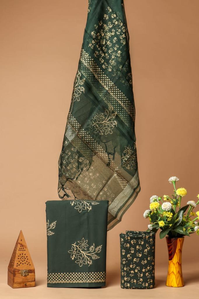 Hand-Block Print Pure Cotton Unstitched Suit With Organza Silk Dupatta