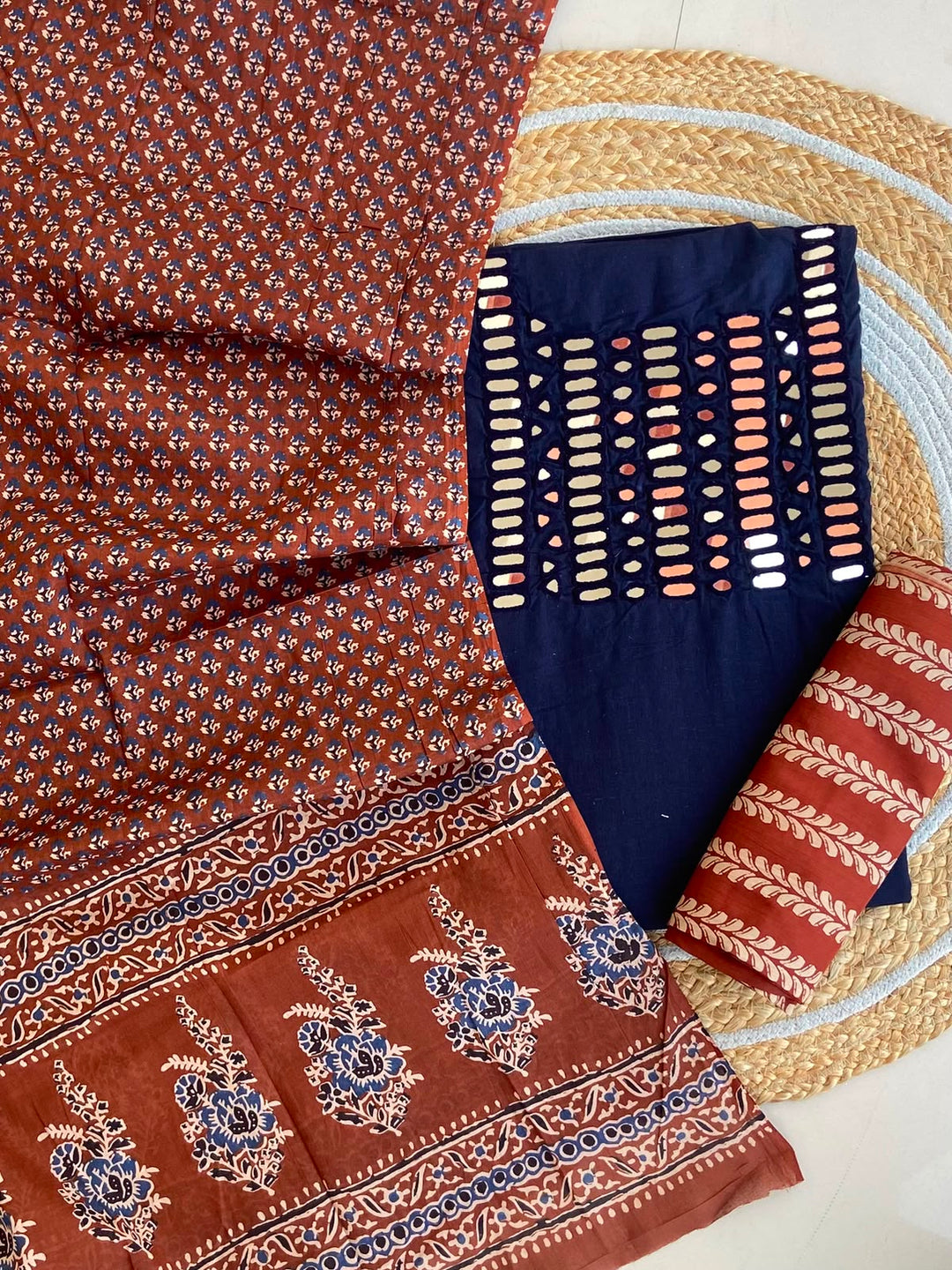 Pure Cotton Azrakh Print Unstitched Suit With heavy mirror work