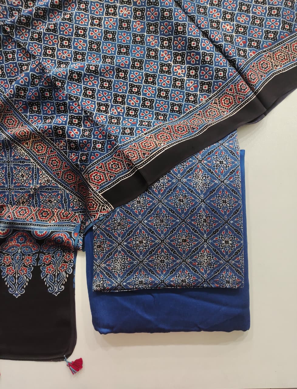 Pure Modal Silk Ajrakh Hand Block  3pc Unstitched Suit