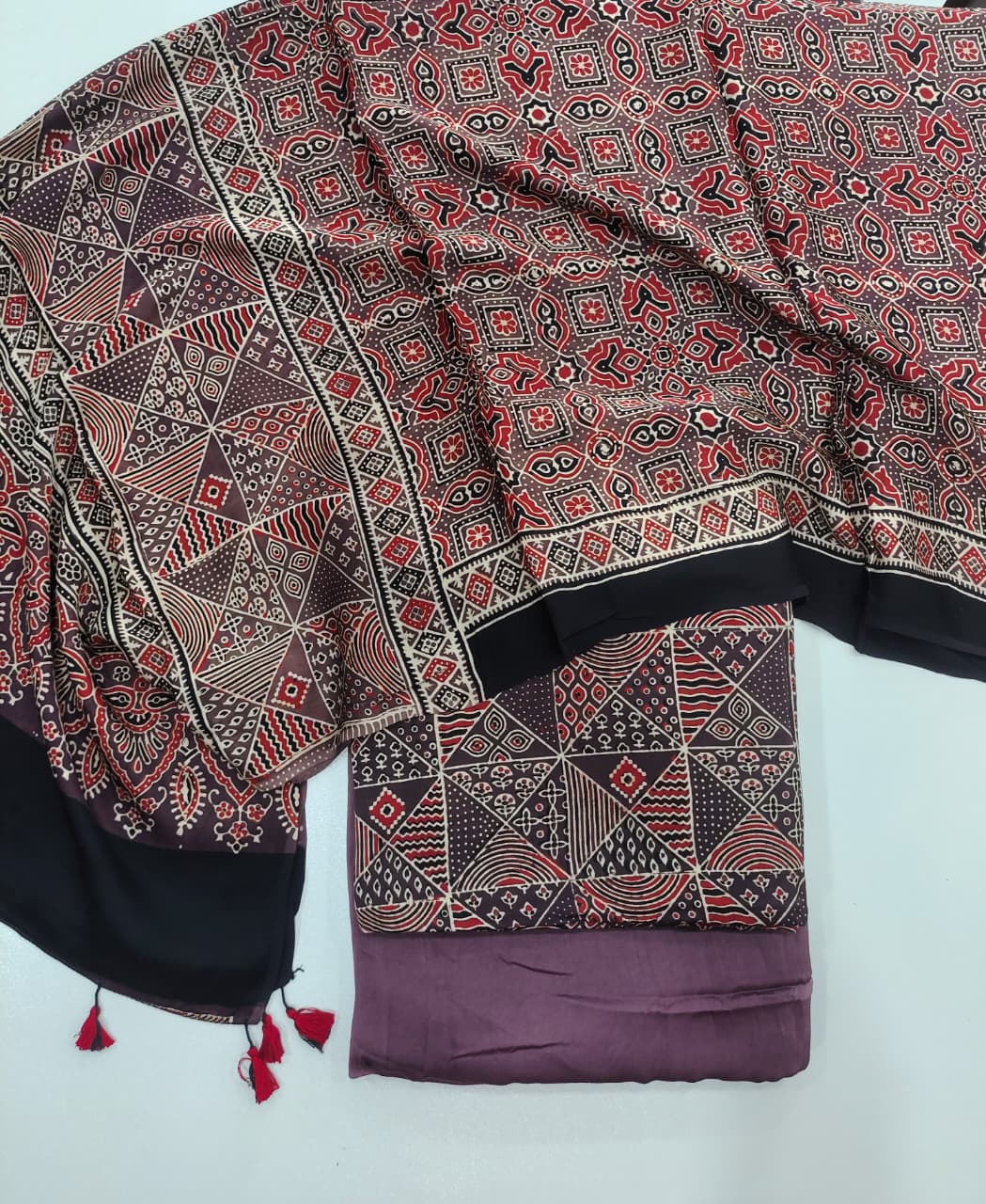 Pure Modal Silk Ajrakh Hand Block  3pc Unstitched Suit