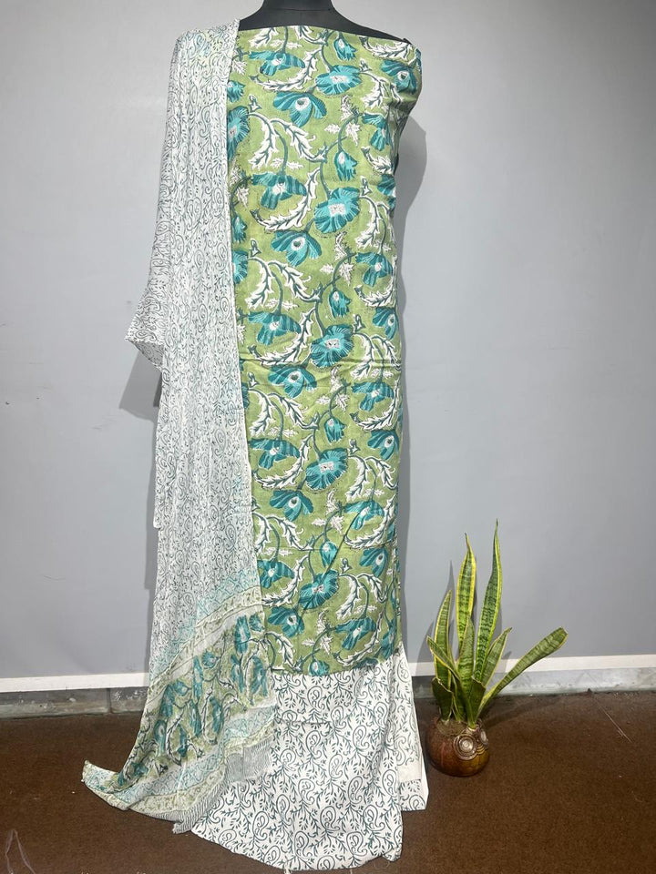 Pure Cotton Hand Block Print Unstitched Suit With Chiffon  Dupatta