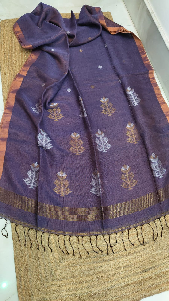 Pure Linen Tissue jamdani Saree With Blouse.