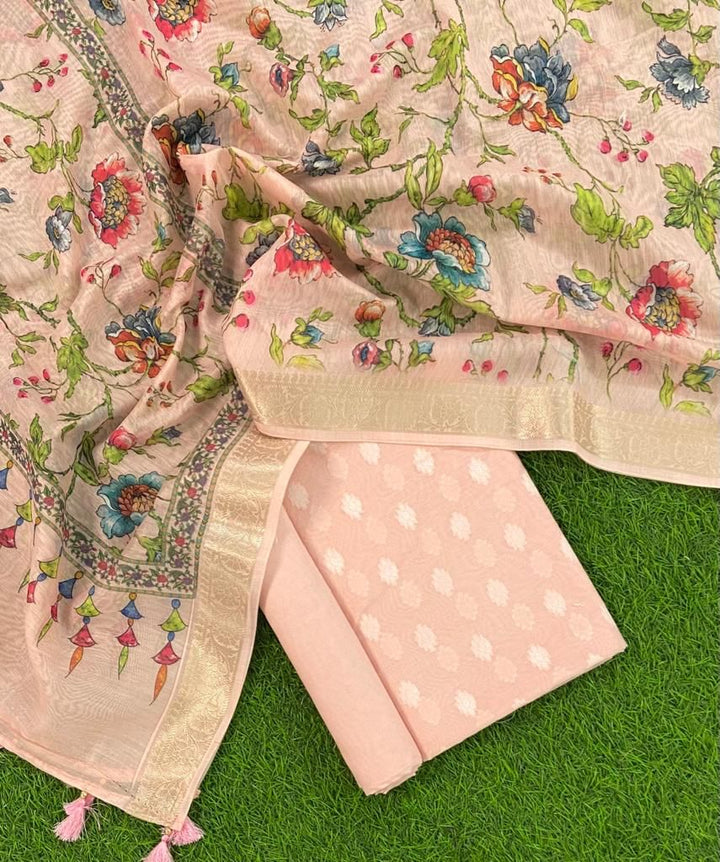 Banarasi Cotton Chanderi Silk Booti Unstitched Suit With Cotton Silk Kalmkari Print Dupatta.