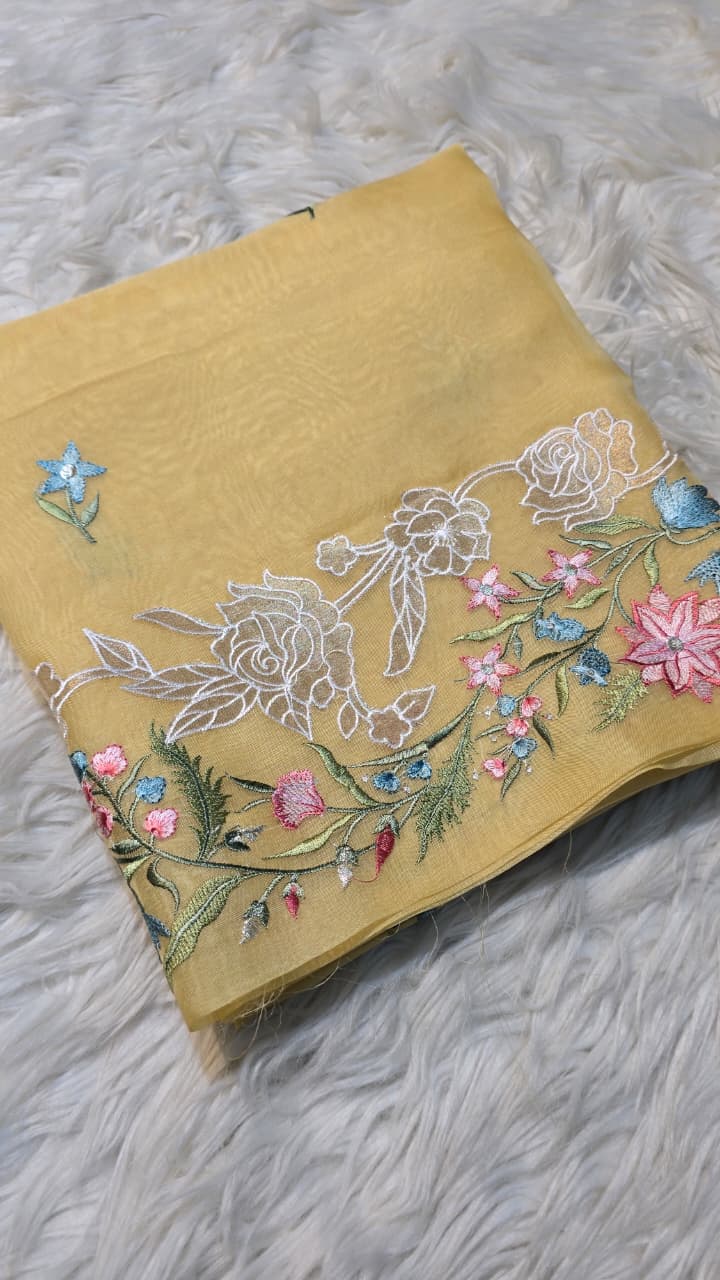 Pure Banarasi Organza Silk Applique Work Unstitched Suit.
