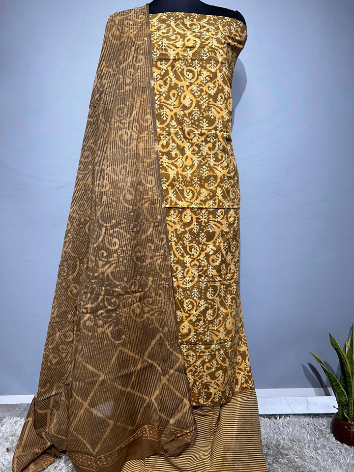 Pure Cotton Hand Block Print Unstitched Suit With Cotton Dupatta